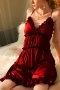sexy non-stretch satin removable chest pad ruffle cross backless sleepwear_White_Rose Red