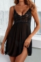 sexy stretch mesh lace bow babydoll(with thong)_Black