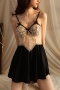 sexy slight stretch satin lace hollow bow babydoll_Black