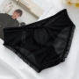 sexy stretch mesh shirring hollow bow mid-low waist panties_Black