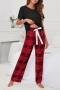 casual plus size slight stretch lattice printing bowknot pants set loungewear_Black