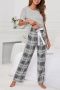 casual plus size slight stretch lattice printing bowknot pants set loungewear_Black_Gray
