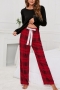 casual plus size slight stretch long sleeve lattice print pants set loungewear_Black
