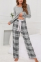 casual plus size slight stretch long sleeve lattice print pants set loungewear_Black_Gray