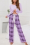 casual plus size slight stretch long sleeve lattice print pants set loungewear_Black_Gray_Light Purple