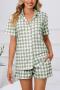 s-5xl casual plus-size slight stretch lattice pocket shirt shorts set loungewear_Gray