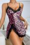 sexy non-stretch satin leopard lace slit sleepwear_Blue_Purple