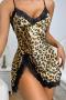 sexy non-stretch satin leopard lace slit sleepwear_Blue_Purple_Brown
