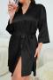 xl-5xl sexy plus-size non-stretch satin with belt night gown sleepwear_Black
