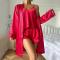 sexy non-stretch satin with belt three-piece set sleepwear_Pink_Red