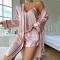sexy non-stretch satin with belt three-piece set sleepwear_Pink