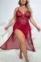xl-4xl sexy plus-size slight stretch mesh lace slit babydoll(with thong)_Black_Rose Red