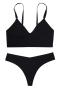 sexy slight stretch solid color v-neck sling two-piece set_Black