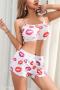 sexy plus size slight stretch lip pattern printing shorts sets loungewear_Black_White