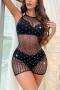 sexy high stretch fishnet 5 colors halter-neck rhinestone decor teddy collection_Black