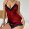 sexy non-stretch 5 colors lace patchwork sling satin mini dress sleepwear_Black_Pink_Rose Red