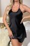 sexy non-stretch solid color sling backless satin mini dress sleepwear_Black