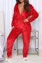 christmas stylish slight stretch velvet 2 colors hooded jumpsuit loungewear_Red