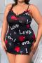 sexy plus size slight stretch heart graphic print lace stitching mini nightgown_Black