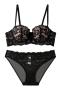 sexy plus size slight stretch lace underwire gathering lift thin bra sets_Black