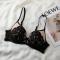 sexy plus size slight stretch lace underwire gathered lifting thin bra_Black