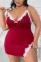 sexy plus size lace stitching low-cut backless sling nightgown_Black_Rose Red