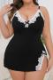 sexy plus size lace stitching low-cut backless sling nightgown_Black