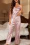 sexy non-stretch solid color satin sling pants sets sleepwear_Black_Pink