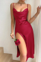 sexy non-stretch solid color satin sling backless high slit midi dress sleepwear_Red
