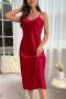 sexy plus size non-stretch solid color satin sling midi dress sleepwear_Black_Pink_Red