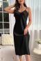 sexy plus size non-stretch solid color satin sling midi dress sleepwear_Black