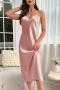 sexy plus size non-stretch solid color satin sling midi dress sleepwear_Black_Pink