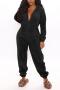 casual plus size non-stretch teddy fleece zip-up hooded jumpsuit loungewear_Black