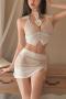sexy slight stretch slit temptation costume(with neck tie&thongs)_Black_White