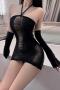 sexy slight stretch solid color knitted mini dress costume(with sleeve)_Black
