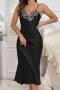 sexy non-stretch solid color satin sling midi dress sleepwear_Black