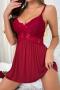 sexy slight stretch lace stitching two colors low-cut backless sling nightgown_Gray_Rose Red