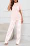 casual plus size slight stretch striped printed loose pants sets loungewear_Gray_Pink