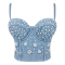 sexy non-stretch rhinestone pearl sling padded denim bralette_Sky Blue