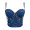 sexy non-stretch padded rhinestone chain tight sling crop denim bralette_Blue_Dark Blue_Sea Blue