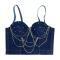 sexy non-stretch padded rhinestone chain tight sling crop denim bralette_Blue_Dark Blue