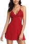 sexy plus size slight stretch lace trim sling mini dress sleepwear(with thong)(asia size)_Black_Red