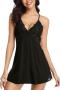 sexy plus size slight stretch lace trim sling mini dress sleepwear(with thong)(asia size)_Black