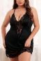sexy plus size slight stretch lace trim sleepwear(with thong)_Black