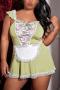 sexy plus size slight stretch lace trim maid costumes(with thong& apron)_Black_Green
