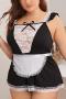 sexy plus size slight stretch lace trim maid costumes(with thong& apron)_Black