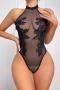 sexy slight stretch flower embroidery see-through mesh teddy collections_Black
