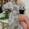 stylish non-stretch emulation silk 5 colors belt loose bathrobe sleepwear_Black_Gray