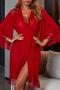 sexy slight stretch mesh lace trim with belt robe sleepwear_White_Red