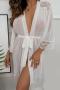 sexy slight stretch mesh lace trim with belt robe sleepwear_White